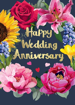 a happy wedding anniversary card with flowers and hearts on a dark blue background .