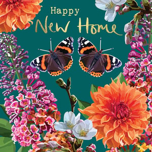 a happy new home card with butterflies and flowers on a green background .