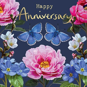 a happy anniversary card with pink and blue flowers and butterflies