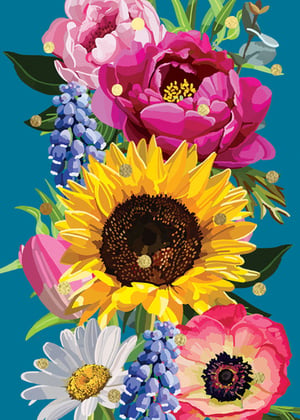 it is a painting of flowers on a blue background .
