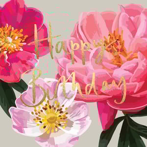 a birthday card with pink flowers and the words happy birthday