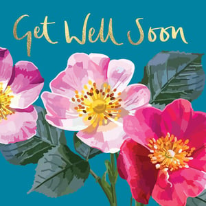 a get well soon card with pink flowers on a blue background