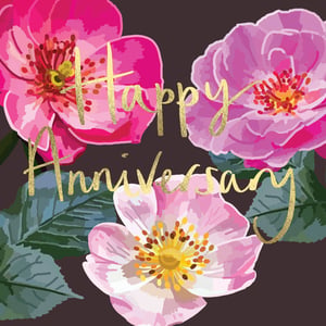 a happy anniversary card with pink flowers and gold lettering