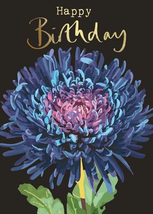 a birthday card with a purple flower on a black background .