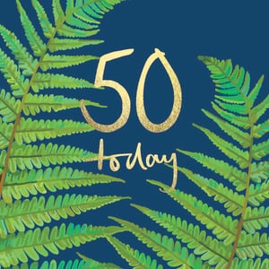 the number 50 is surrounded by green ferns on a blue background