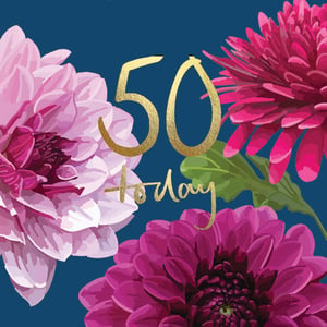 a 50th birthday card with pink and purple flowers on a blue background .