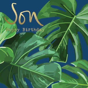 a son happy birthday card with tropical leaves on a blue background