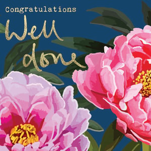 a congratulations card with pink flowers on a blue background