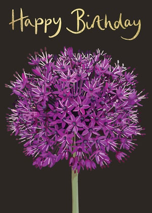 a birthday card with purple flowers and the words happy birthday