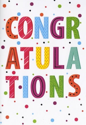 A congratulations card with colorful letters and stars.