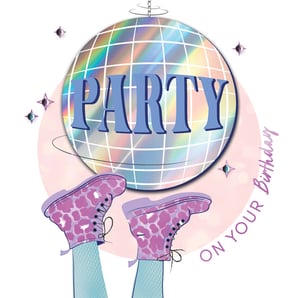 a disco ball with the word party on it