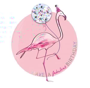 a pink flamingo is holding a balloon and says have a fabulous birthday