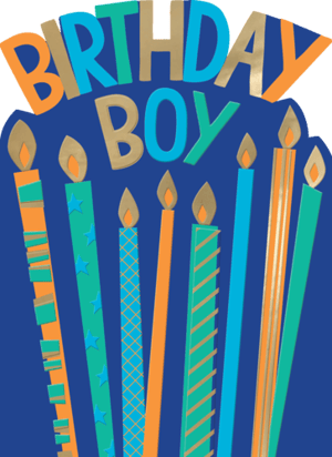 a blue background with candles and the words birthday boy