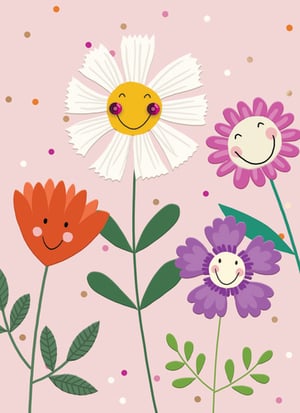 a bunch of flowers with smiley faces on them