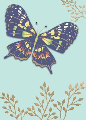 a blue and gold butterfly is sitting on a blue background with gold leaves .