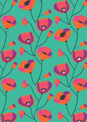 a pattern of pink and orange flowers on a green background