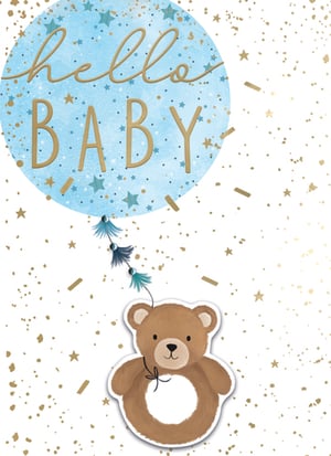 a teddy bear is holding a balloon that says hello baby