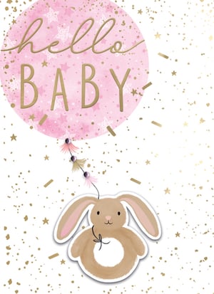 a bunny holding a pink balloon that says hello baby