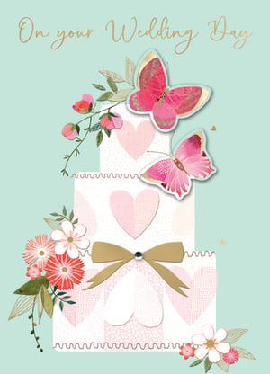 Celebrate the happy couple's journey with our exquisite 'Wedding Day' card from Second Nature. This charming design features a beautifully illustrated tiered cake, adorned with delicate pink hearts and elegant floral sprays. Two stunning, layered pink butterflies with shimmering gold accents add a touch of magic, while a sweet gold bow with a sparkling gem completes the romantic scene. The soft mint green background and elegant gold script for 'On your Wedding Day' create a truly sophisticated feel. Perfect for conveying heartfelt wishes, this card is sure to be cherished. Available in a convenient pack of 6.