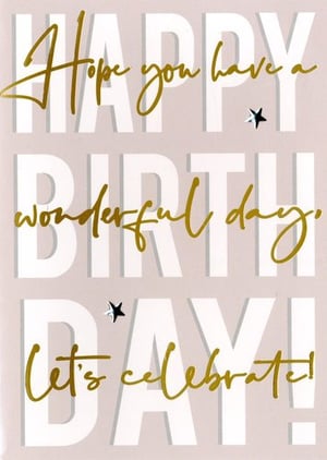 a happy birthday card that says `` hope you have a wonderful day let 's celebrate ! ''