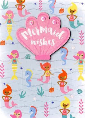 a mermaid wishes card with mermaids and seahorses on it