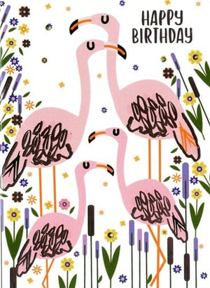 a happy birthday card with flamingos and flowers on it