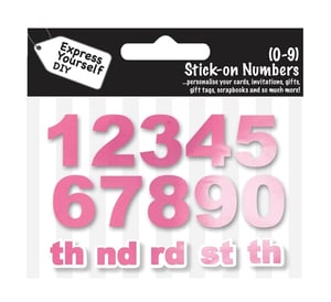 a package of pink stick-on numbers says express yourself diy