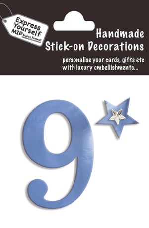 a package of handmade stick-on decorations with the number 9