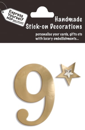 a package of handmade stick-on decorations with the number 9