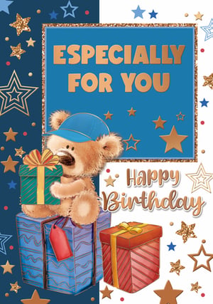 a happy birthday card with a teddy bear holding a gift box