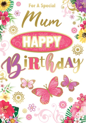 a birthday card for a special mum with butterflies and flowers