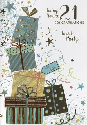 a 21st birthday card that says congratulations time to party