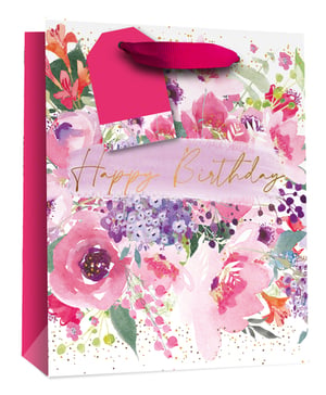 a happy birthday gift bag with pink flowers on it
