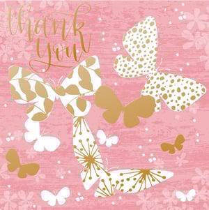 a thank you card with gold butterflies on a pink background