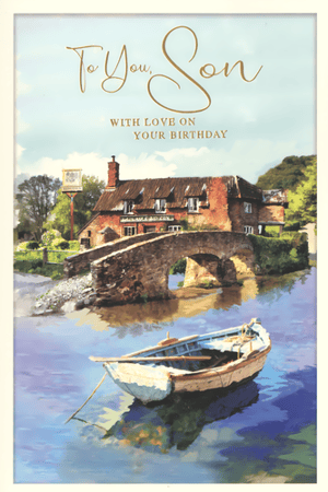 Offer your customers a beautiful choice for their son's birthday with this delightful greeting card from Simon Elvin. This 'Son' card showcases a serene, painterly illustration of a charming waterside scene, complete with a traditional stone bridge, a rustic building, and a peaceful boat on calm water. The elegant script above reads, 'To You, Son, WITH LOVE ON YOUR BIRTHDAY,' conveying a warm and personal sentiment. This visually appealing card is perfect for customers seeking a thoughtful way to celebrate their son. Supplied in a convenient pack of 6, it's a wonderful addition to your greeting card range.