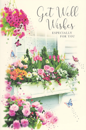 Send warm wishes with this beautiful 'Get Well Female' card. Featuring a delightful array of colourful flowers, including charming pink roses and vibrant hanging blooms, it's sure to brighten anyone's day. Delicate butterflies flutter amongst the blossoms, adding a touch of gentle hope and cheer. The elegant "Get Well Wishes ESPECIALLY FOR YOU" message is perfect for conveying heartfelt sentiments. This lovely card offers an uplifting design, ideal for showing someone you care. Its pretty floral scene creates a truly comforting and thoughtful greeting.