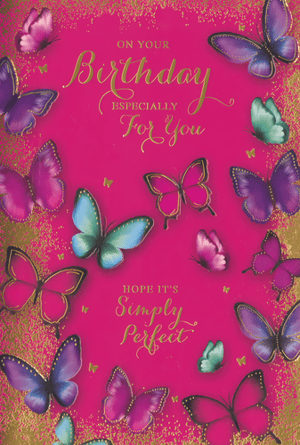 This delightful Open Birthday Female card from Simon Elvin features a vibrant fuchsia background, creating a cheerful canvas for its design. A scattering of elegant butterflies in shades of purple, pink, and teal flutter across the card, many adorned with subtle gold outlines. Delicate gold glitter details add a touch of shimmer and sophistication.

The message, 'On Your Birthday Especially For You, Hope It's Simply Perfect,' is presented in attractive gold script. This card offers a lovely way to celebrate any female's birthday. Available in a convenient pack of 6, it's a charming addition for retailers looking to offer a popular and visually appealing birthday option.