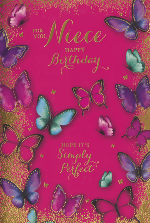 Celebrate your Niece's special day with this stunning birthday card from Simon Elvin. Featuring a vibrant fuchsia background, this card is beautifully adorned with an array of butterflies in shades of pink, purple, and teal, all highlighted with shimmering gold accents and glitter details.

The elegant script wishes her a "Happy Birthday" and hopes her day is "Simply Perfect". This eye-catching design is sure to stand out, offering a gorgeous and heartfelt option for customers looking to send warm wishes to their niece. Perfect for retailers, this card is supplied in a convenient pack of 6, ensuring you're always stocked for those important family occasions.