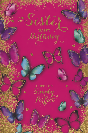Celebrate a special bond with this beautiful 'Sister' birthday card from Simon Elvin. Set against a vibrant fuchsia backdrop, the design features an array of colourful butterflies in delightful shades of pink, purple, and blue, enhanced with elegant gold foil detailing. The heartfelt message, 'For You, Sister, Happy Birthday, Hope It's Simply Perfect', is presented in a charming gold script. This eye-catching card offers a wonderful way to convey warm wishes. Stock up with our convenient pack of 6, ensuring you always have this popular design ready for your customers.
