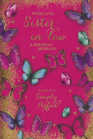 Make her birthday truly special with this delightful 'Sister In Law' card from Simon Elvin. This vibrant design features a rich pink background, beautifully embellished with a flurry of colourful butterflies in shades of purple, pink, and teal, all shimmering with elegant gold detailing. The card conveys a warm "Birthday Message" and the wish "Hope it's Simply Perfect," making it a thoughtful choice for any Sister-in-law. Stock up with this popular design, available in a wholesale pack of 6, ideal for retailers seeking charming and heartfelt greeting cards.