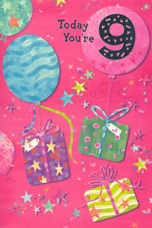 Celebrate a special 9-year-old's big day with this wonderfully vibrant birthday card! Bursting with colour, the design features a cheerful pink background adorned with playful balloons, shimmering confetti, and an array of sparkling stars. A prominent pink balloon proudly displays the number '9', alongside the sweet message 'Today You're', setting a joyful tone.

Three beautifully wrapped presents, in delightful shades of purple, green, and lime, are decorated with charming stars, dots, and stripes, adding an extra touch of birthday excitement. This card is perfect for making any young girl feel extra special on her birthday. Available in a convenient pack of 6.