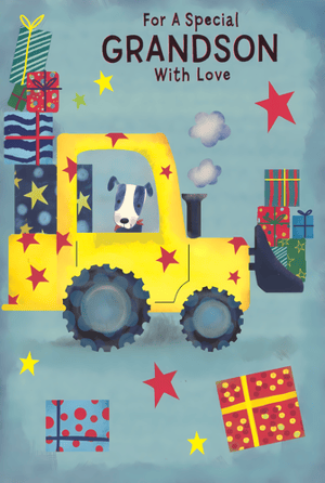 Help your customers celebrate a special grandson with this delightful greeting card from Simon Elvin. The design showcases a bright yellow digger, driven by a friendly dog, amidst a scattering of colourful wrapped presents and stars. Featuring the clear message 'For A Special GRANDSON With Love', this card is perfect for birthdays or simply showing affection. Its cheerful illustration and warm sentiment make it a lovely choice for any young grandson. This charming card is supplied in a convenient pack of 6, ready to brighten someone's day.