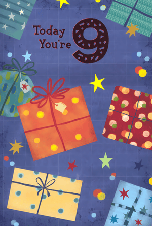 Make a 9th birthday extra special with this vibrant card, perfect for a young boy! Featuring a playful design of colourful gift boxes, twinkling stars, and confetti scattered across a cool blue background, it proudly announces "Today You're 9". The bold number 9, filled with tiny star shapes, makes this card truly stand out.

This cheerful card is ideal for celebrating that important milestone. Stock up on this popular design from Simon Elvin, available in a convenient pack of 6. A fantastic choice for any retailer looking to offer a bright and engaging birthday card for age 9.