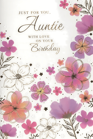 Celebrate a cherished Auntie's birthday with this delightful card from Simon Elvin. The design features a beautiful array of watercolour-style flowers in soft pink, purple, and peach hues, elegantly outlined with shimmering gold accents. The heartfelt message, "Just for you, Auntie, with love on your Birthday," is presented in a charming script, making it a truly special way to convey affection. This lovely card is perfect for showing appreciation on her big day. Available in a convenient pack of 6, it's an excellent addition for retailers looking to offer warm and attractive birthday greetings.