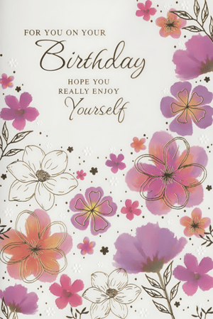 Celebrate her special day with this beautiful 'Open Birthday Female' card from Simon Elvin. This delightful design features a vibrant array of watercolour-style flowers in shades of pink, purple, and orange, perfectly complemented by elegant gold-outlined blooms. The heartfelt message, "FOR YOU ON YOUR Birthday HOPE YOU REALLY ENJOY Yourself", is presented in a charming script and serif font, adding a touch of sophistication.

Perfect for any female recipient, its cheerful and elegant floral design makes it a wonderful choice for birthdays. Stock up on this popular design, available in a convenient pack of 6, to ensure your customers have the perfect card for every celebration.