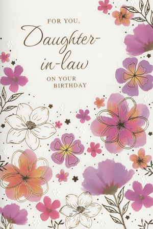 Show your Daughter-in-law how much she means to you on her birthday with this charming card from Simon Elvin. Adorned with a beautiful floral design, it features a delightful mix of soft watercolour flowers in vibrant pinks, purples, and oranges. Elegant gold-foiled accents highlight some of the blooms, adding a touch of sparkle, while subtle embossed details enhance the card's luxurious feel. The warm message, 'FOR YOU, Daughter-in-law ON YOUR BIRTHDAY,' is beautifully presented in a classic script. This card offers a lovely way to convey your affection and make her day extra special. Available in a wholesale pack of 6, it's a wonderful addition to any greeting card selection.