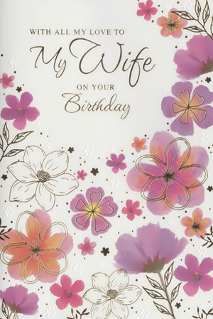 Celebrate her special day with this beautiful "Wife" birthday card from the Simon Elvin collection. This charming card features a delightful array of watercolour-effect flowers in vibrant pinks, soft purples, and warm oranges. Elegant gold outlines and subtle embossed details add a touch of sophistication to the floral design. The heartfelt message, "With All My Love To My Wife On Your Birthday," beautifully conveys affection. Supplied in a convenient pack of 6, these cards are a wonderful addition for retailers seeking quality birthday greetings for a beloved wife.