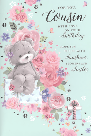 Celebrate your wonderful female cousin's special day with this absolutely charming birthday card! This delightful design features an adorable grey teddy bear nestled amongst a beautiful array of pink and purple flowers, delicate butterflies, and scattered hearts, all set against a soft, serene background. The heartfelt message wishes her a birthday filled with sunshine, flowers, and smiles, making it the perfect way to show your love and appreciation. It's a truly sweet card that will make any cousin feel cherished on her birthday.
