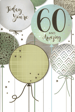 Celebrate a milestone 60th birthday in style with this sophisticated Age 60 Male card from Simon Elvin. Featuring a contemporary design, this card showcases an array of stylish balloons in a tasteful palette of greens, greys, and soft blues.
The prominent '60 AND Amazing' balloon takes centre stage, perfectly complemented by another balloon reading 'Today You're', setting a wonderfully celebratory tone. Intricate patterns adorn each balloon, adding a touch of modern elegance, while scattered stars enhance the festive feel.
Ideal for marking such a special occasion, this card offers a refined and heartfelt message for the recipient. Available in a convenient pack of 6, it's a must-have for your greeting card selection.