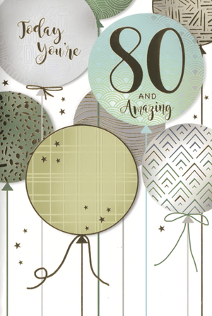 Celebrate a significant milestone with this elegant Age 80 Male birthday card from Simon Elvin. Featuring a sophisticated design, this card showcases stylish balloons in a tasteful palette of muted greens, greys, and whites. Each balloon is adorned with unique patterns, with one proudly declaring "80 AND Amazing" and another reading "Today you're". Scattered stars add a subtle touch of celebration to this modern and refined card. Perfect for the distinguished gentleman, this popular choice is available in a convenient pack of 6, making it ideal for retailers to stock up for customers seeking a special card for an 80th birthday.